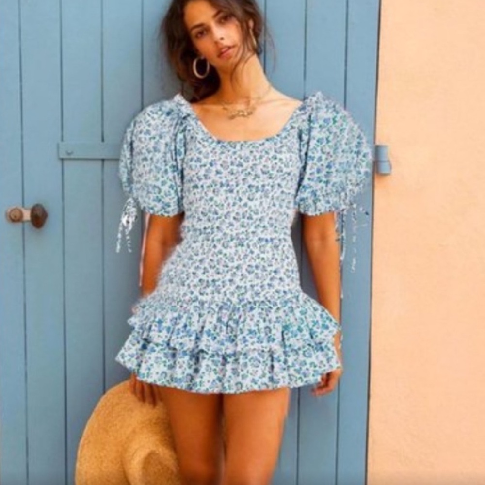 Love Shack Fancy Violet Mini Floral Coquette Puff Sleeve Dress NWOT, S
